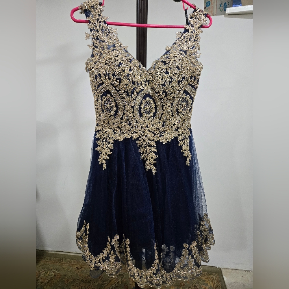 Elizabeth K, Navy and Gold Lace Dress